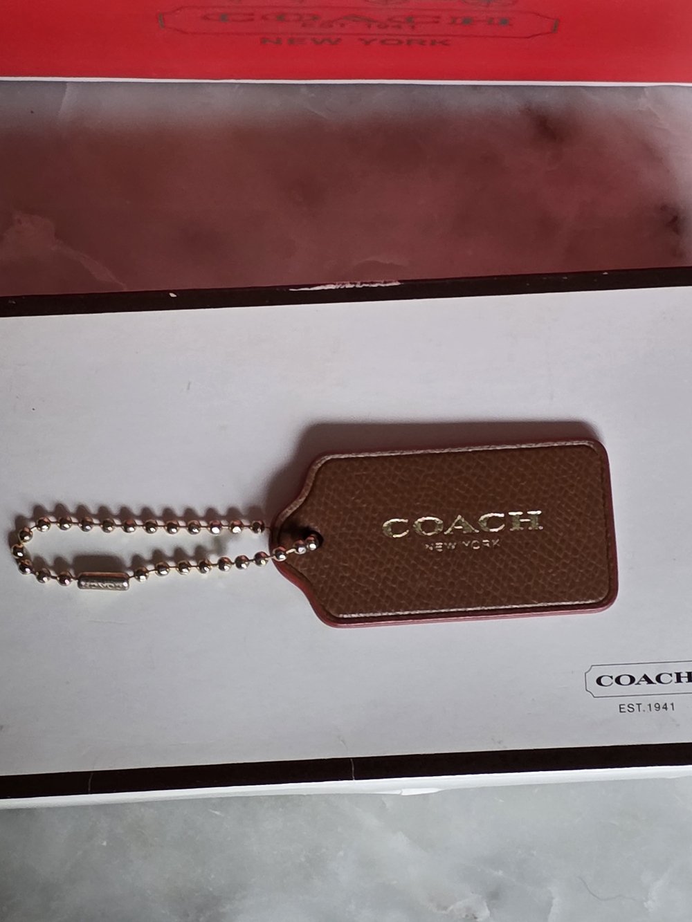 COACH Brown XL Leather Tag Keychain with Gold Chain